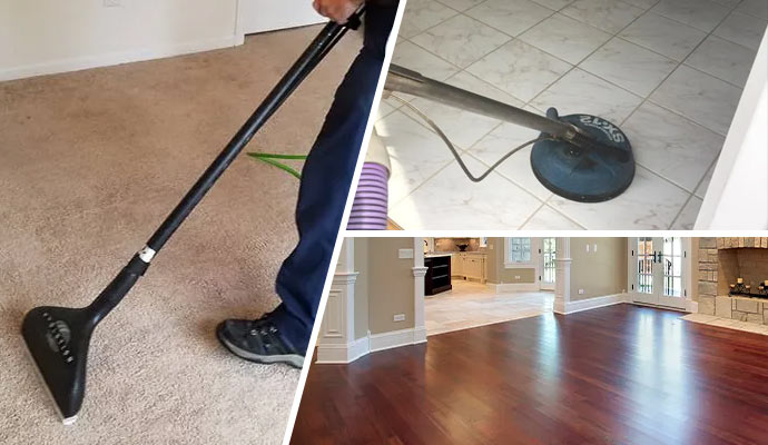 Collage of carpet cleaning, tile grout cleaning and cleaned wooden floor Collage of carpet cleaning, tile grout cleaning and cleaned wooden floor