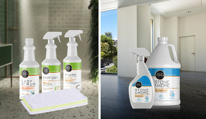 MB Stone Care products for cleaning and polishing stone surfaces Collage of two MB Stone Care products for professional surface cleaning